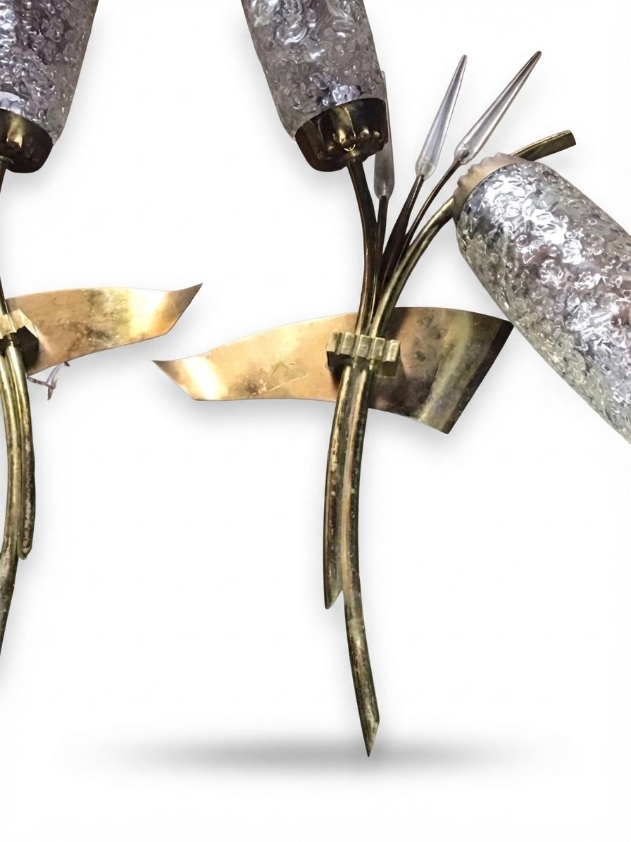 Pair of 1960s Gilt Metal Reed Wall Sconces, Frosted Glass Wheat Sheaf Design, Attributed to Maison Arlus