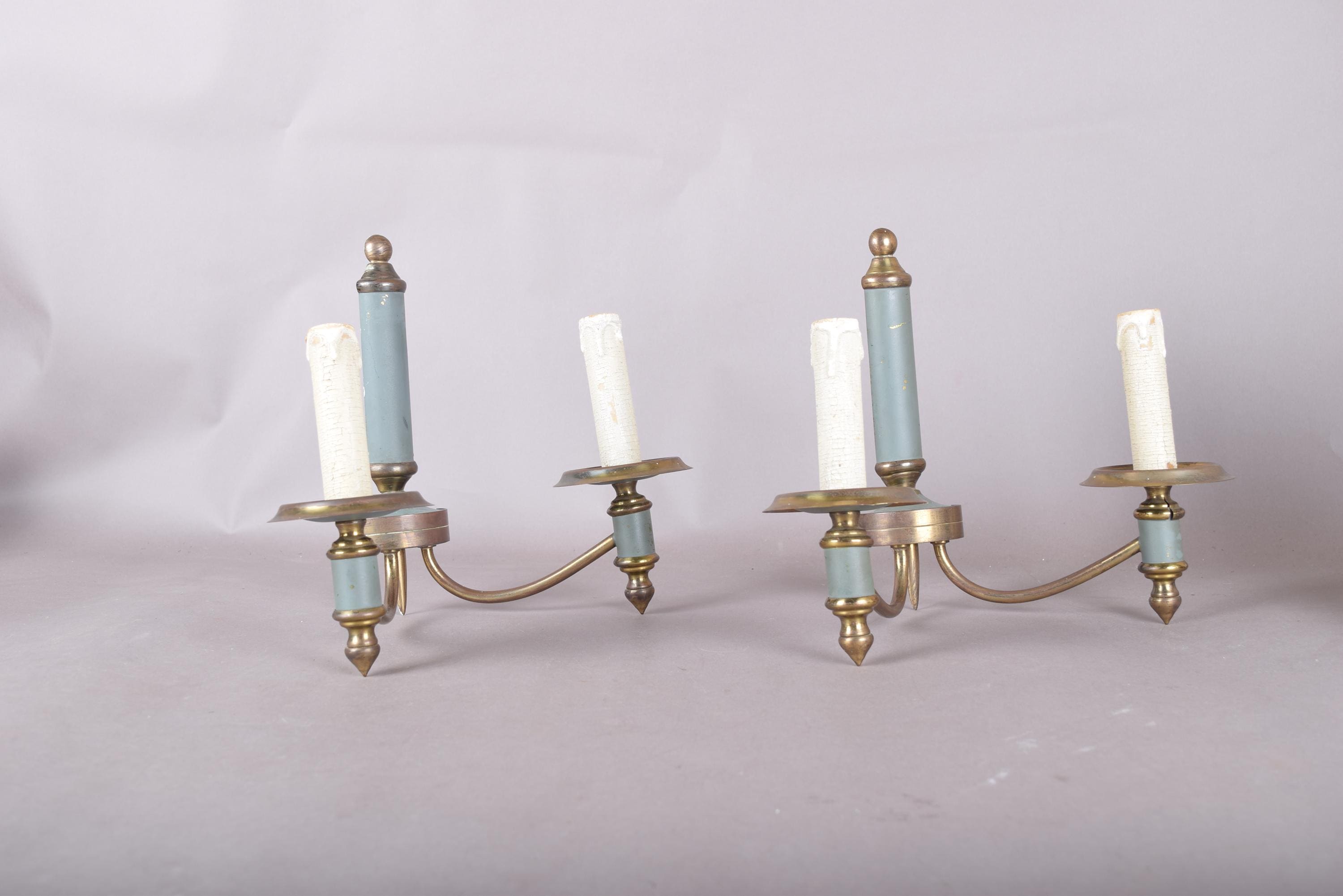 Pair of Brass and Blue-Grey Wall Sconces, Three-Arm Neoclassical Style Lighting, Circa 1940s
