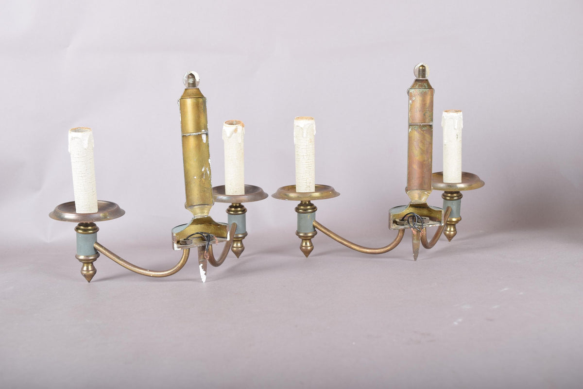 Pair of Brass and Blue-Grey Wall Sconces, Three-Arm Neoclassical Style Lighting, Circa 1940s