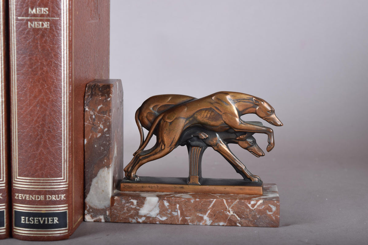 Pair of Art Deco Greyhound Bookends, Bronze Dogs on Red Marble, French Style Bookstands
