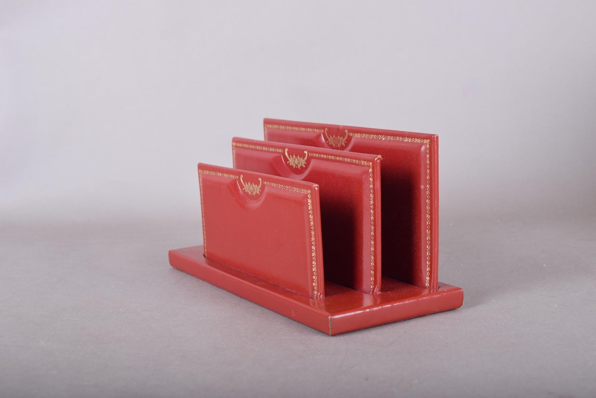 Vintage Red Desk Letter Holder, Gilt Tooled Border Design, Tiered Correspondence Rack