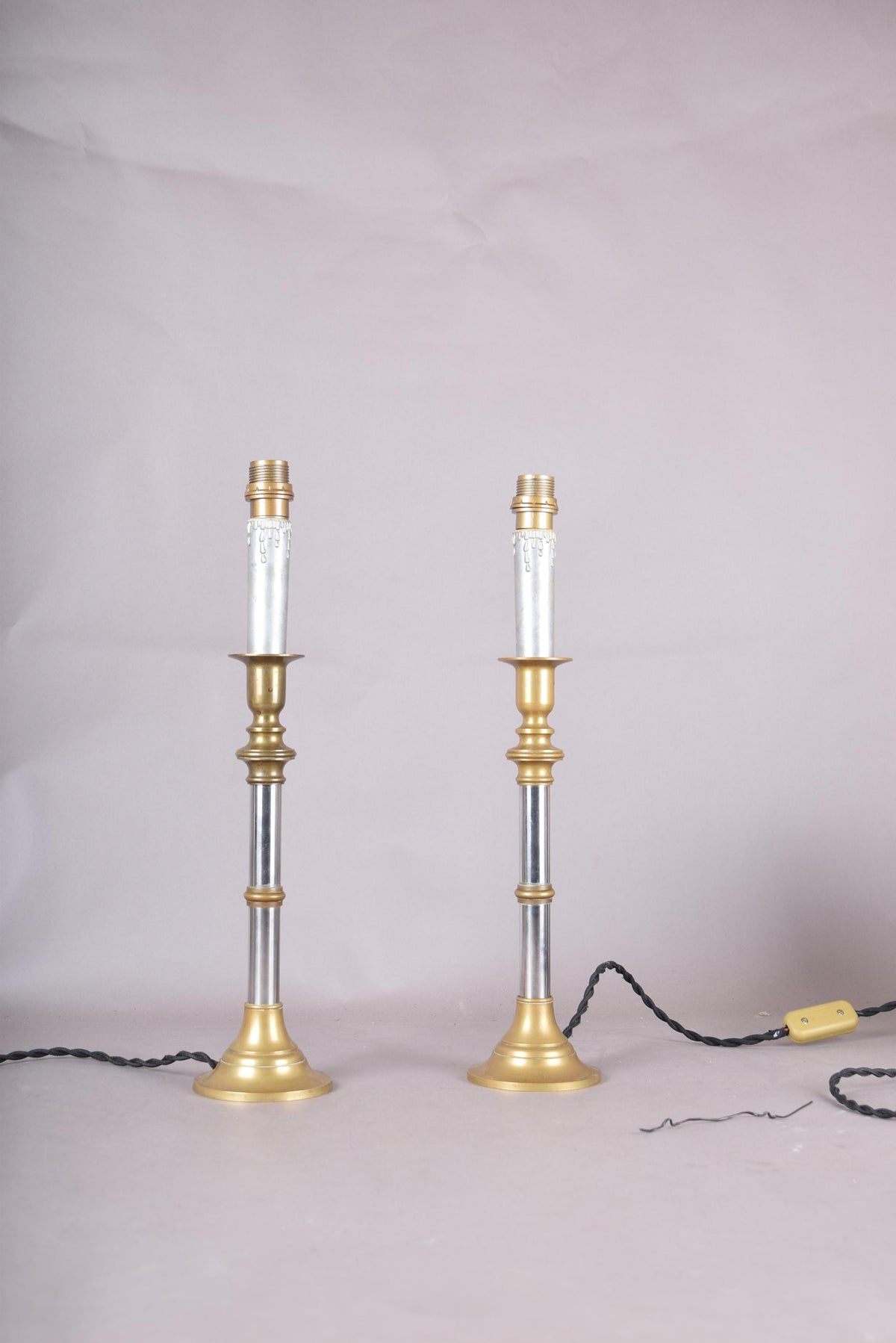 Pair of Mid-Century Brass and Chrome Column Table Lamps, Two-Tone Turned Column Base