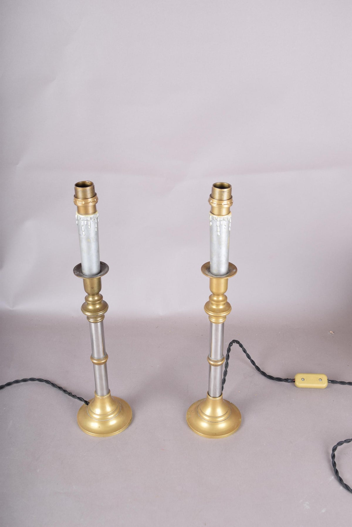 Pair of Mid-Century Brass and Chrome Column Table Lamps, Two-Tone Turned Column Base
