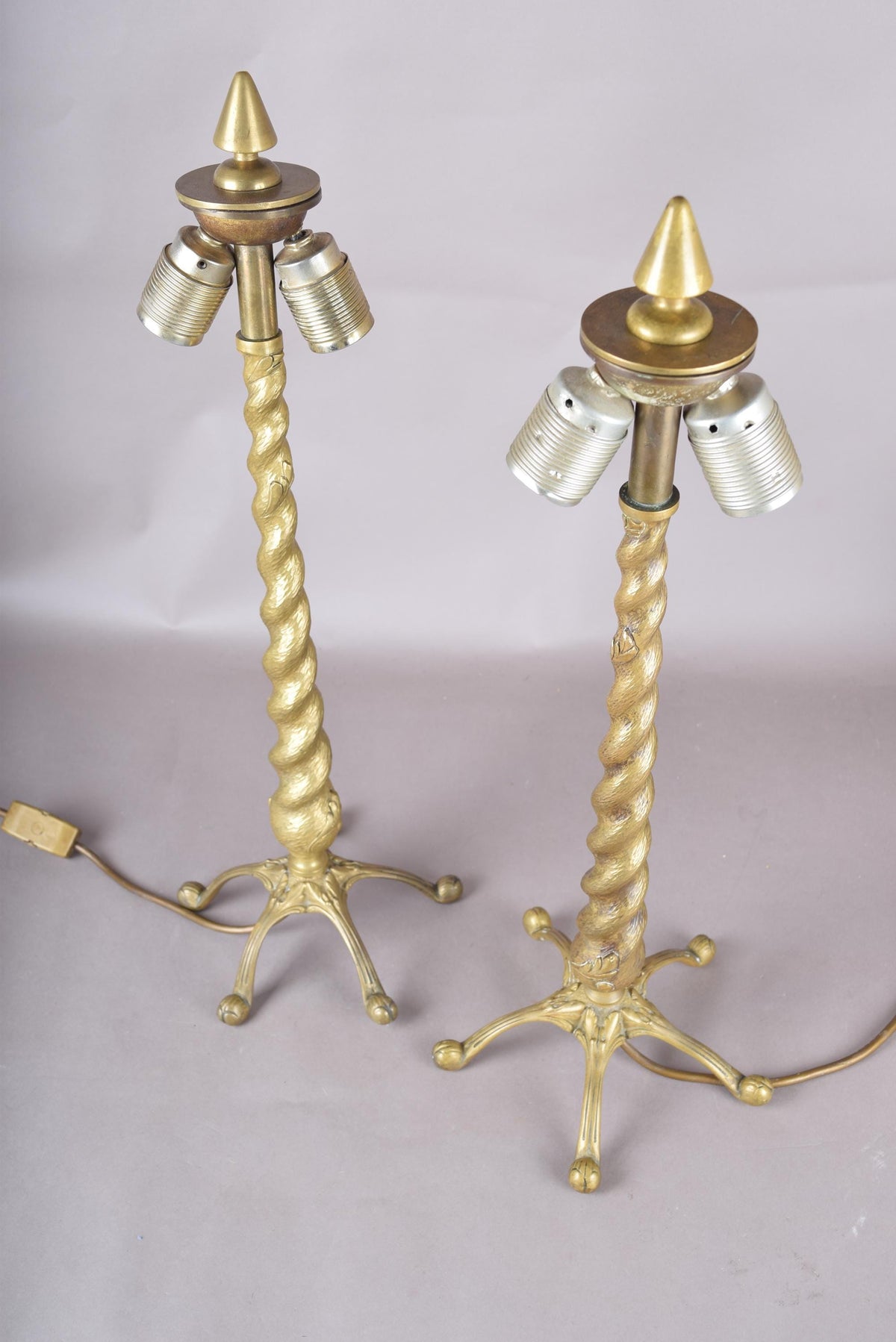 Pair of Solid Brass Barley Twist Table Lamps, Splayed Foot Base with Pleated Shades