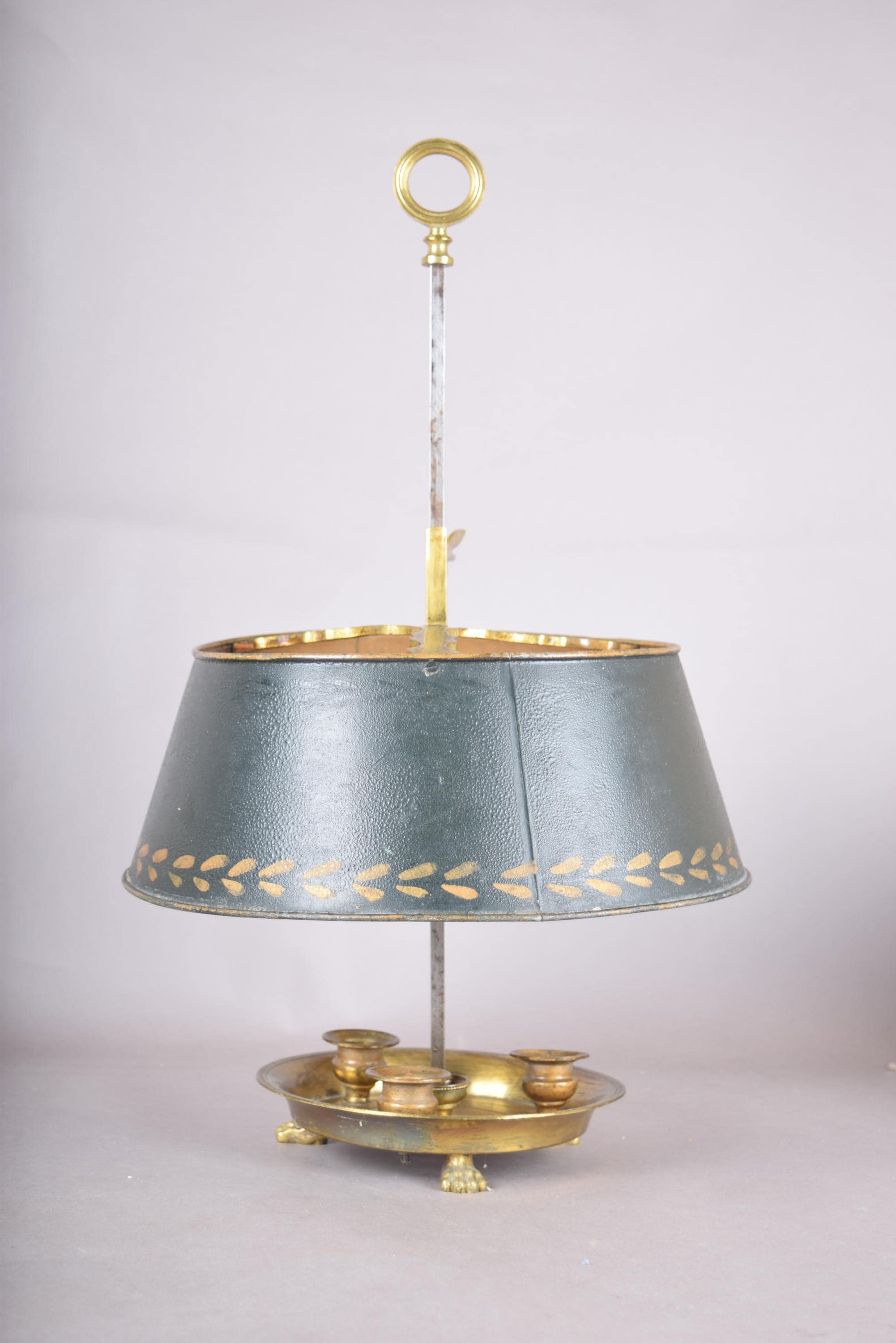 Antique French Bouillotte Lamp, Brass Base with Green Tole Shade, Paw Feet, Ring Finial
