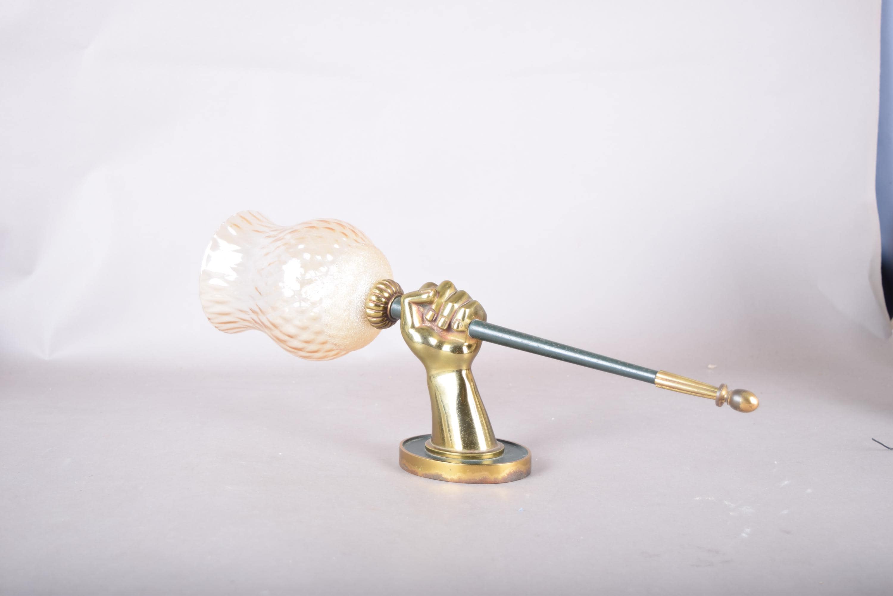 Maison Jansen Style Wall Sconce, Bronze Fist Sculpture, Amber Glass Shade