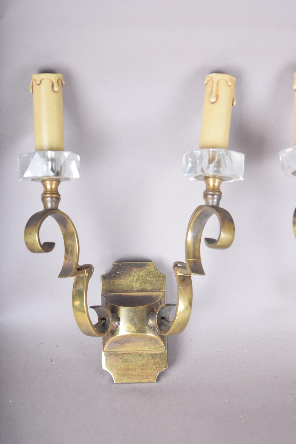 Pair of Scrolled Two-Arm Brass Wall Sconces with Crystal Bobeches