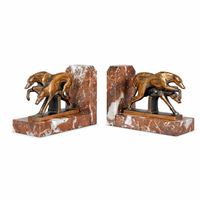 Pair of Art Deco Greyhound Bookends, Bronze Dogs on Red Marble, French Style Bookstands