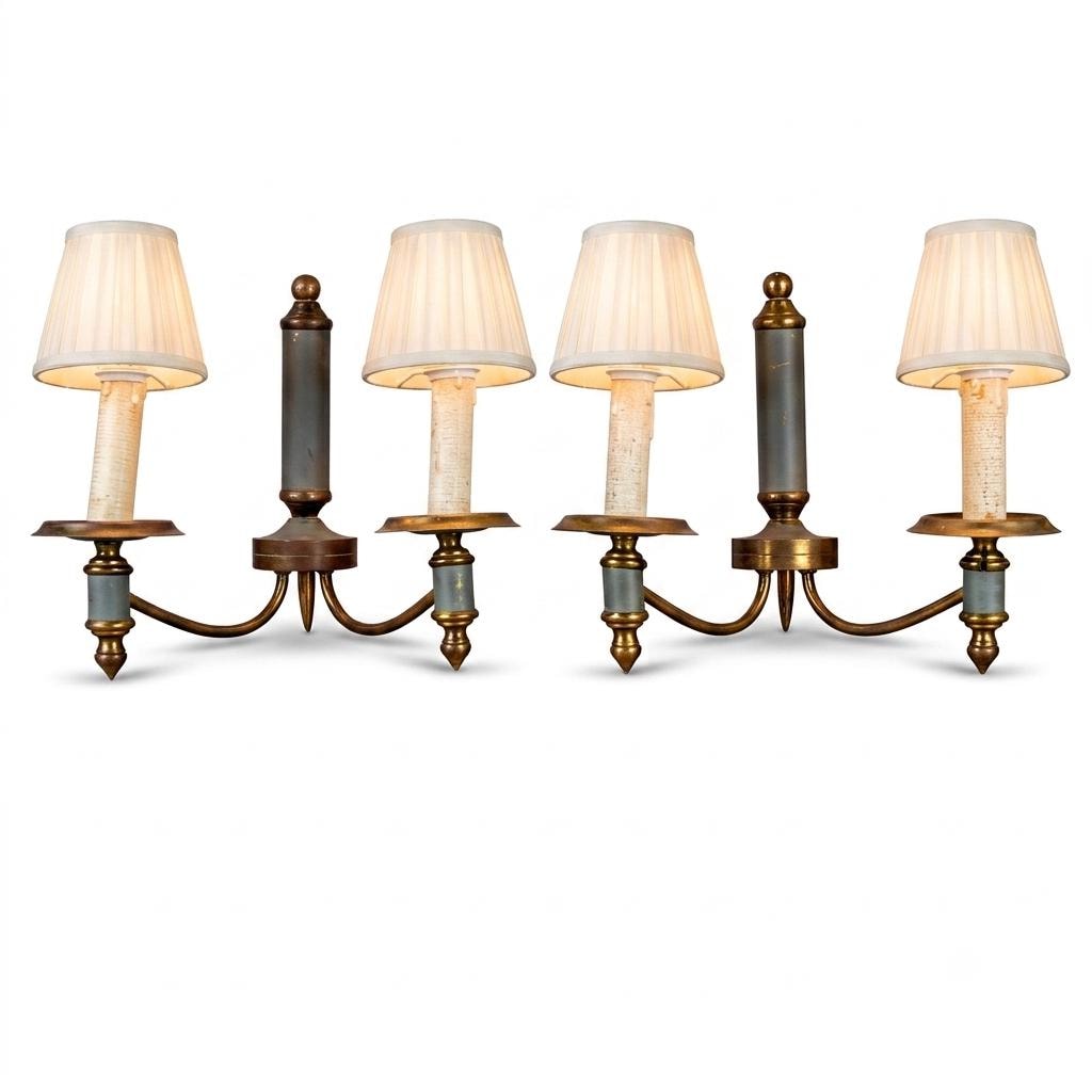 Pair of Brass and Blue-Grey Wall Sconces, Three-Arm Neoclassical Style Lighting, Circa 1940s