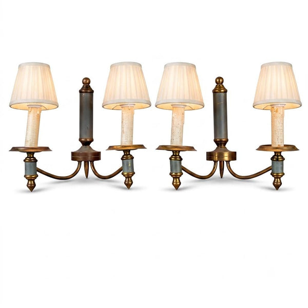 Pair of Brass and Blue-Grey Wall Sconces, Three-Arm Neoclassical Style Lighting, Circa 1940s