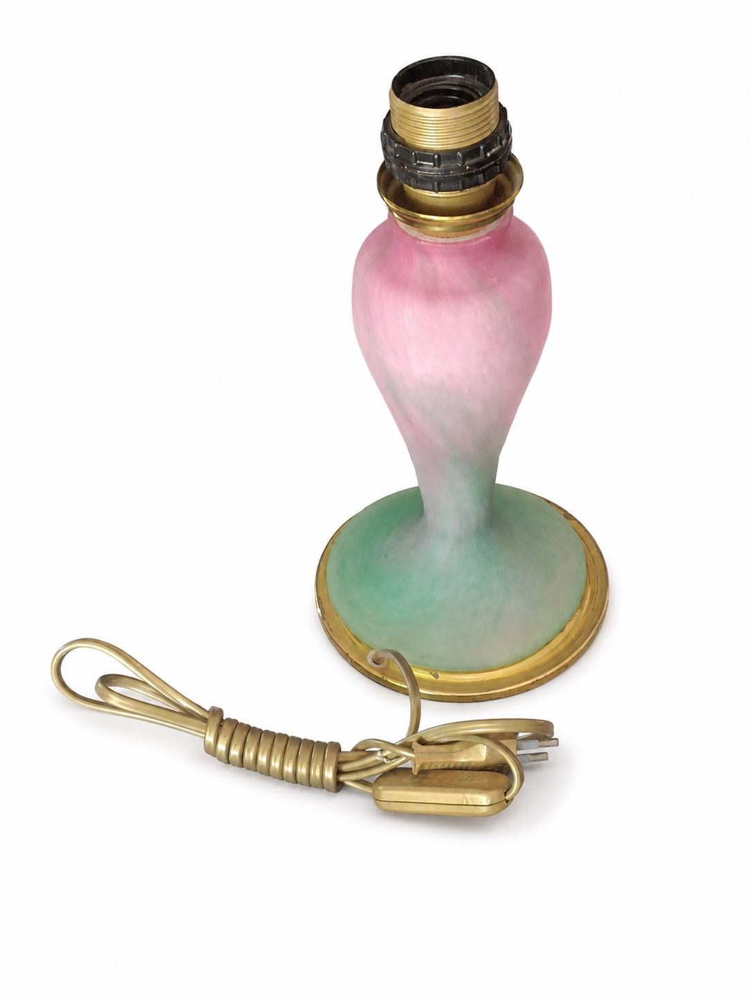 Antique Pâte de Verre Style Glass Lamp Base, Pink and Green, Brass Fittings, Art Deco Style