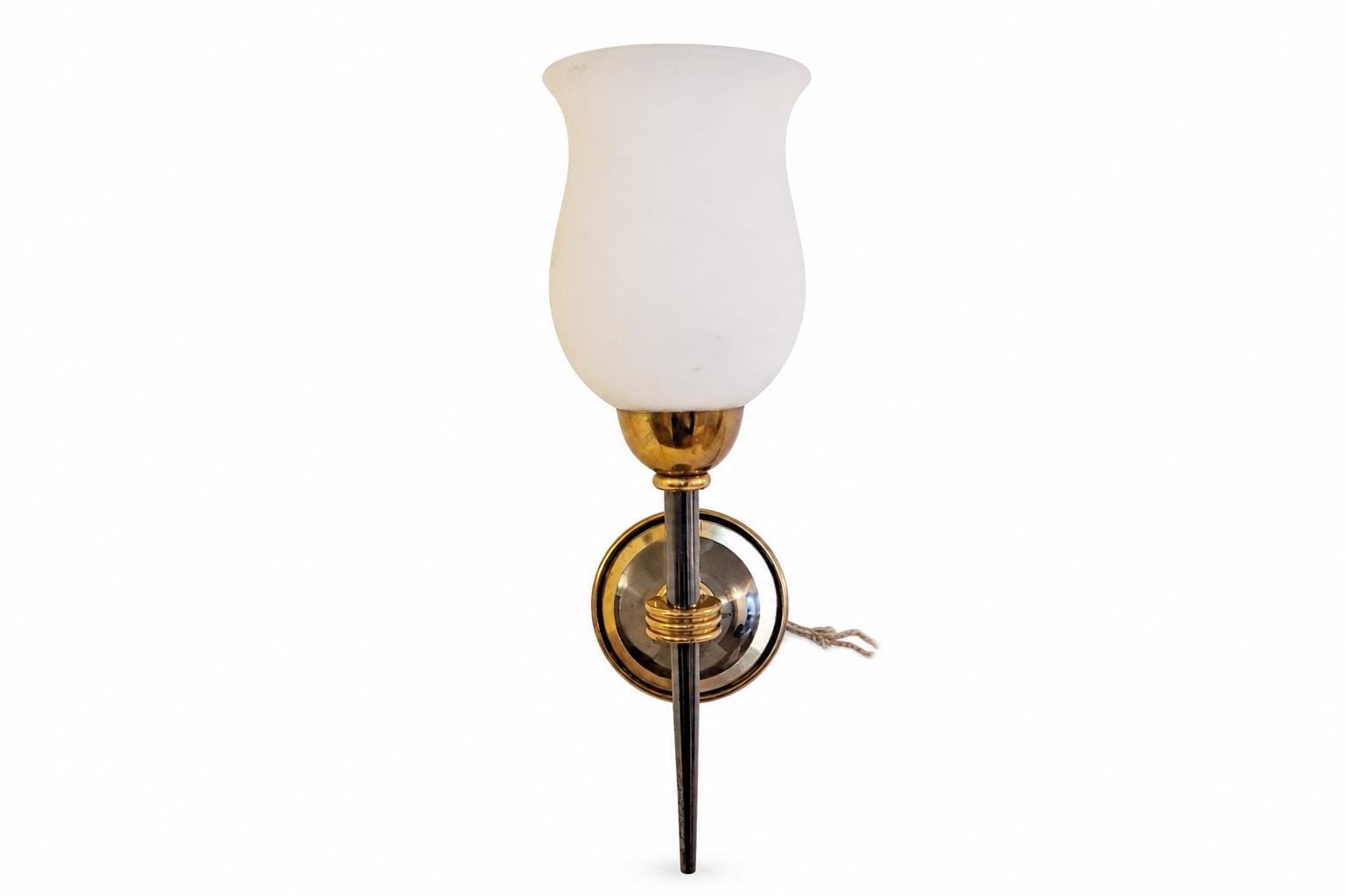 Vintage French Torch-Form Wall Sconce, White Opaline Glass, Gilt and Black Metal, 1940s-50s