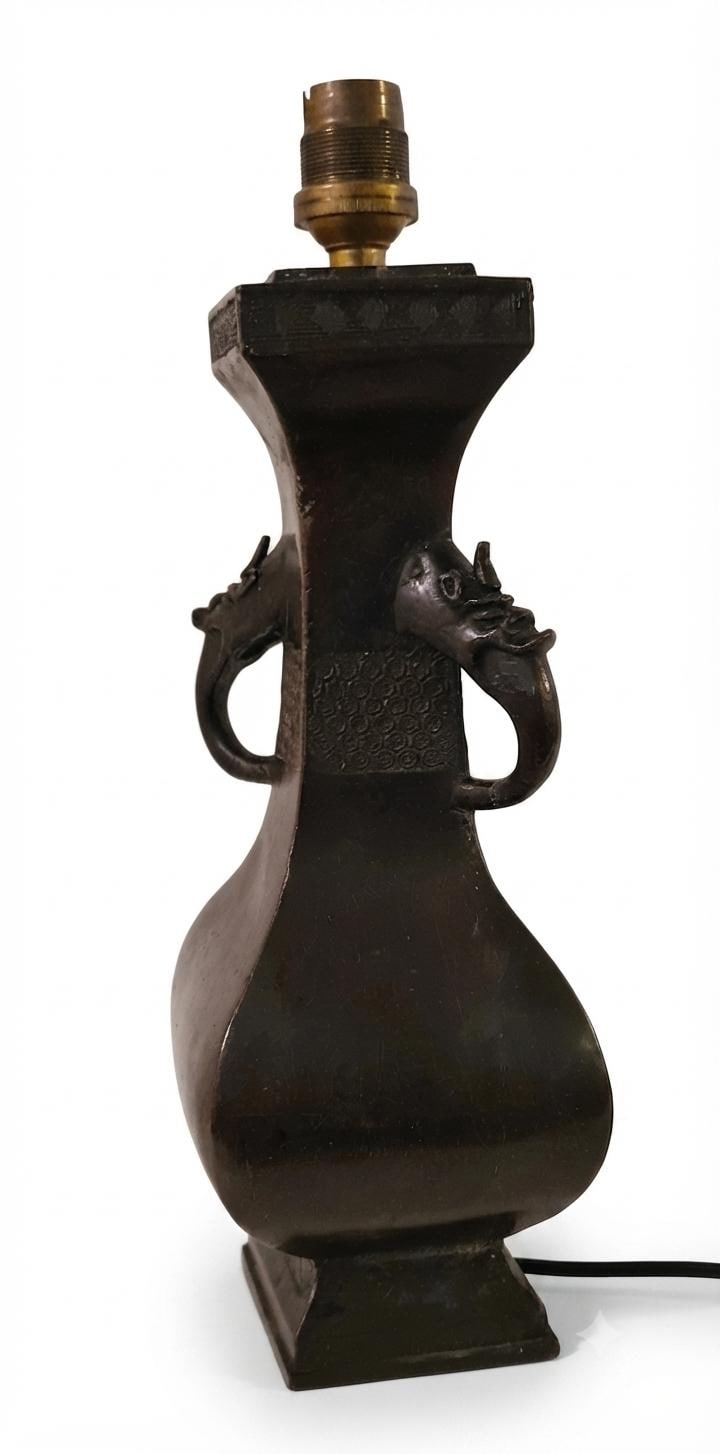 Antique Bronze Chinese Vase Lamp Base, Taotie Mask Ring Handles, Hexagonal Form, Asian Style