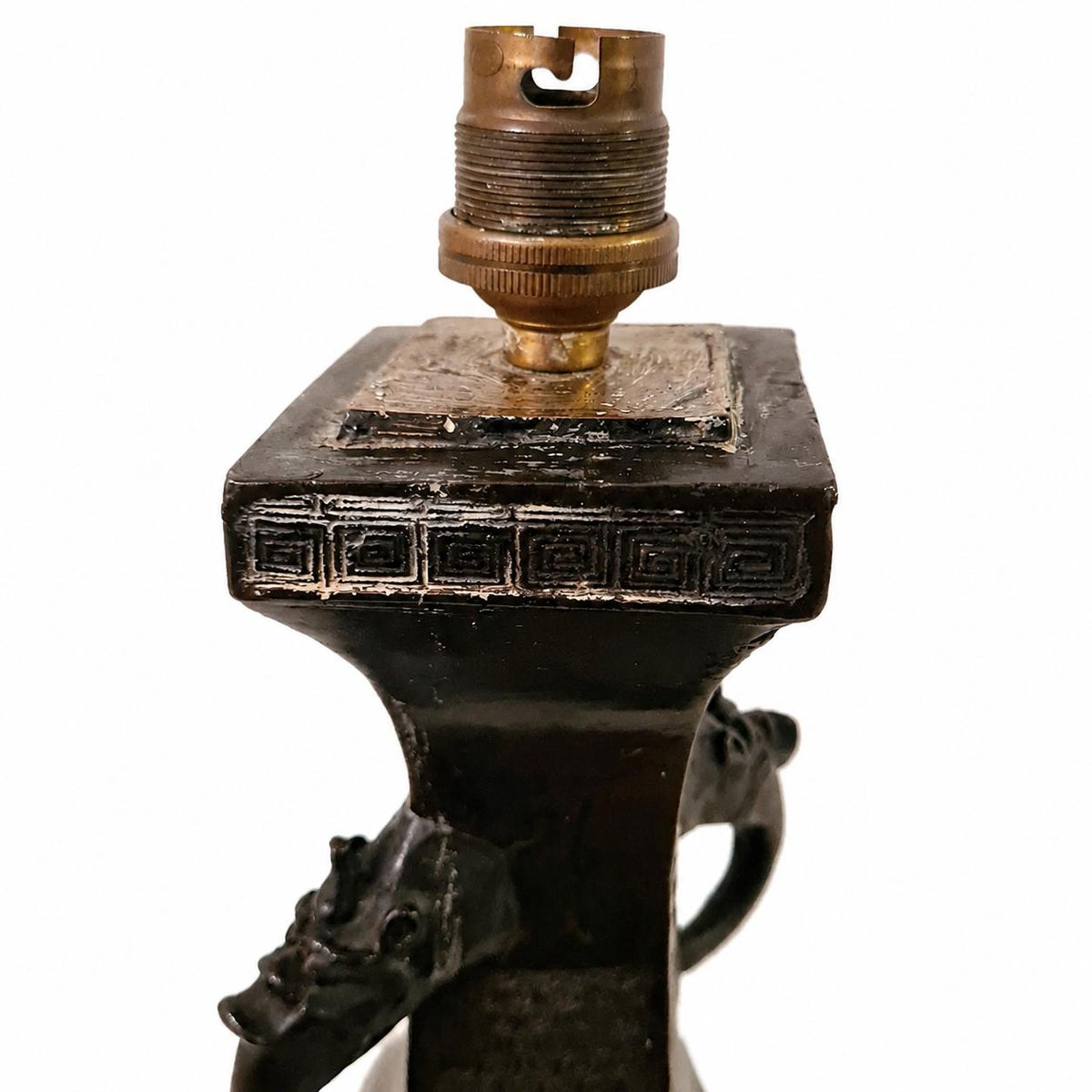 Antique Bronze Chinese Vase Lamp Base, Taotie Mask Ring Handles, Hexagonal Form, Asian Style