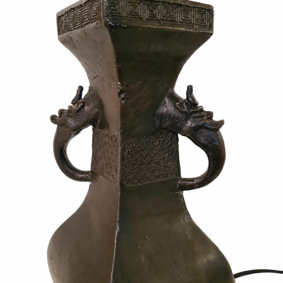 Antique Bronze Chinese Vase Lamp Base, Taotie Mask Ring Handles, Hexagonal Form, Asian Style