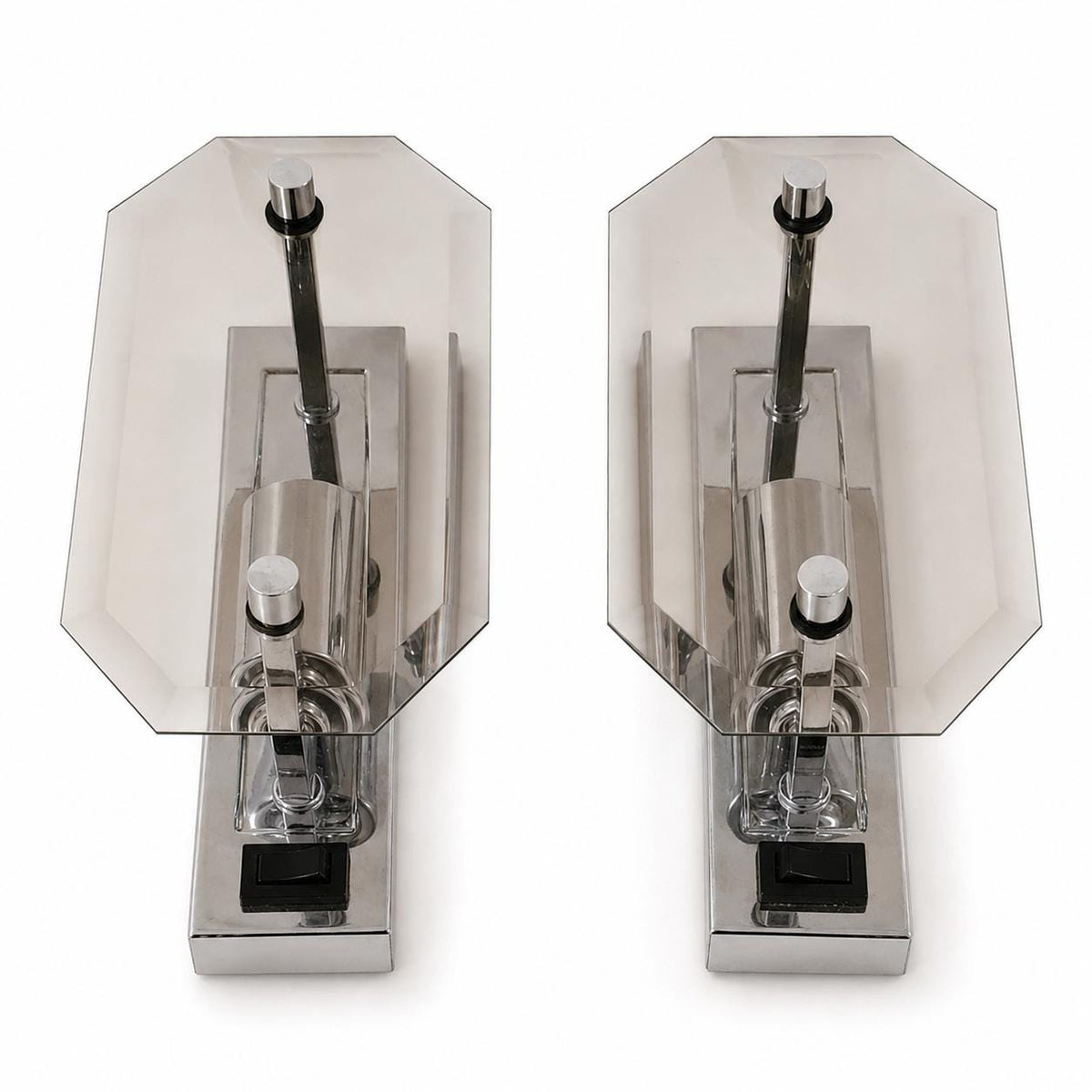 Pair of German Chrome Wall Sconces, Beveled Smoked Glass Panels, 1960s West Germany