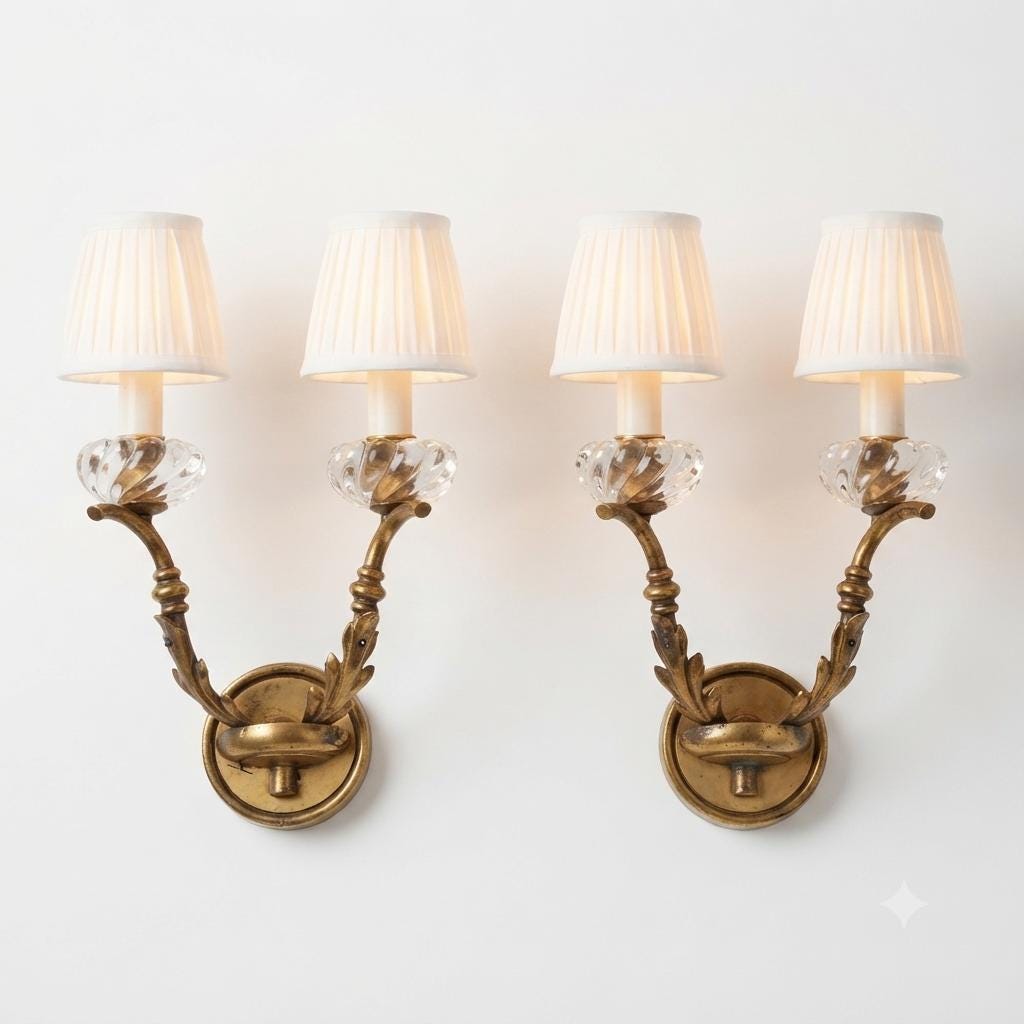 Pair of French Gilded Brass Wall Sconces, Fluted Glass Shades, 20th Century France
