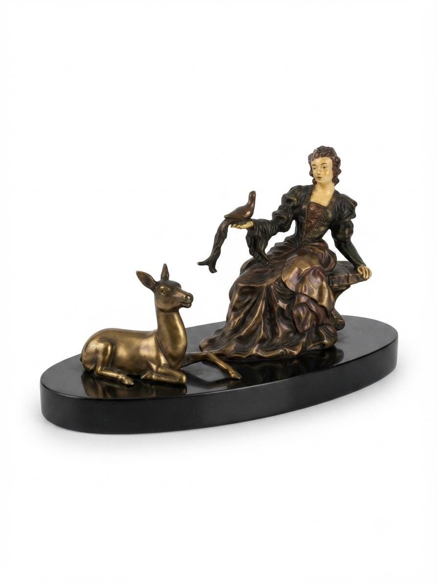 Art Deco Spelter Sculpture, Elegant Woman with Doe, French Marble Base