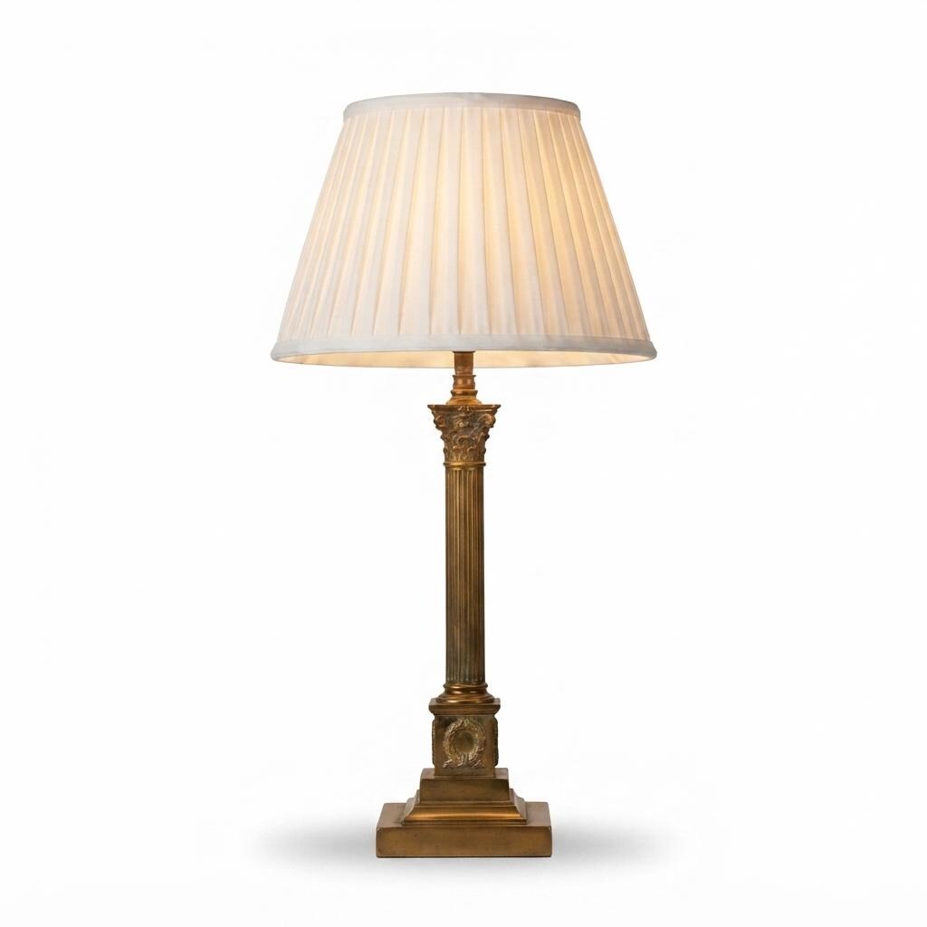 Vintage Brass Column Table Lamp, Fluted Neoclassical Style, Laurel Wreath Base, 1930s