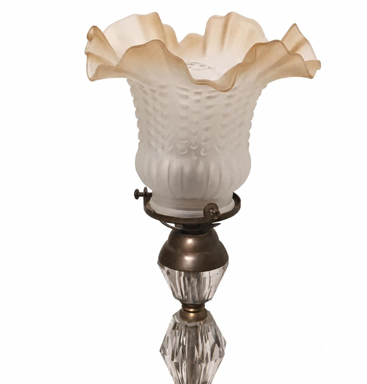 Antique Bronze & Cut Glass Table Lamp, Ruffled Frosted Shade, France, Circa 1900