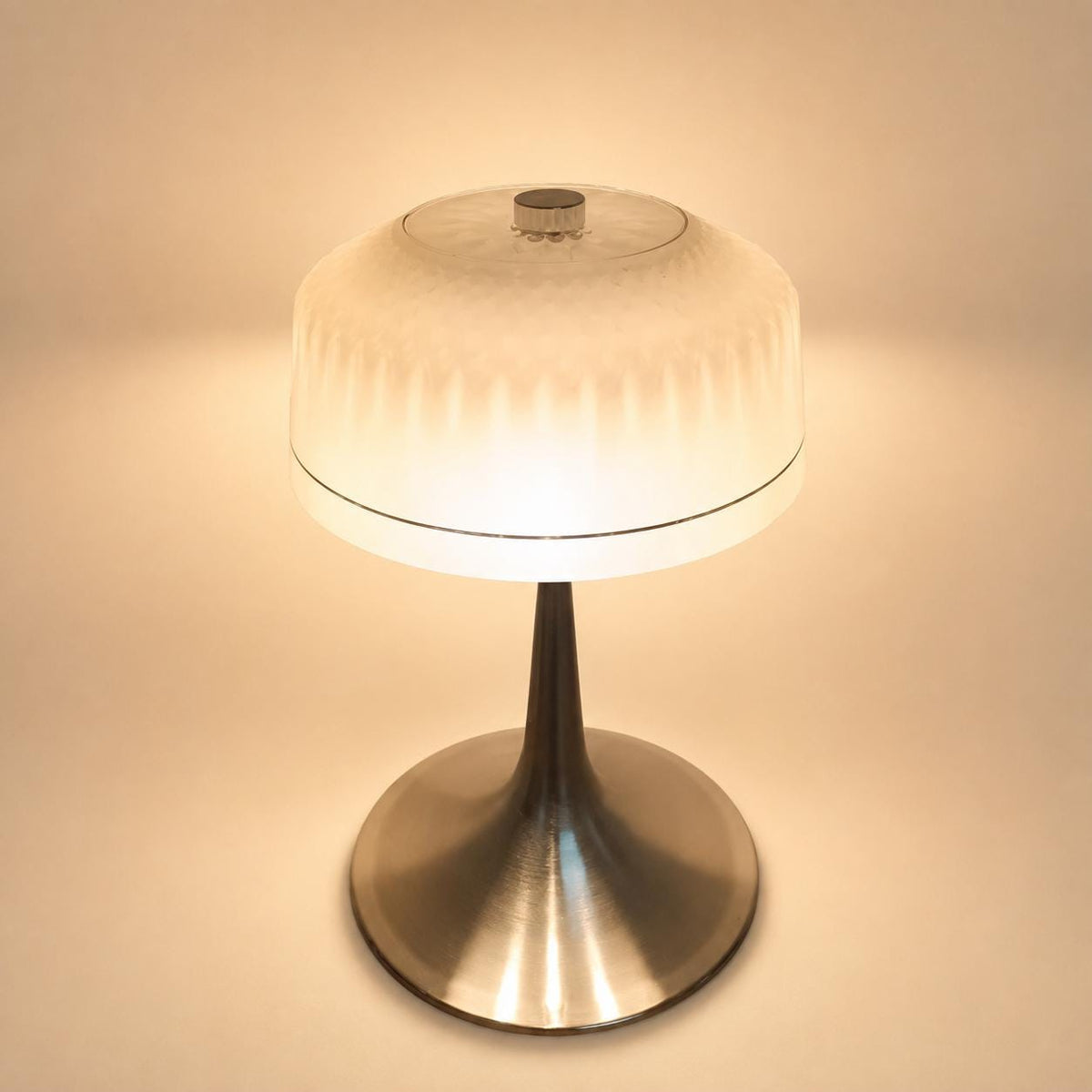 Vintage Mushroom Table Lamp, Cut Crystal Glass Dome, Chrome Tulip Base, 1970s
