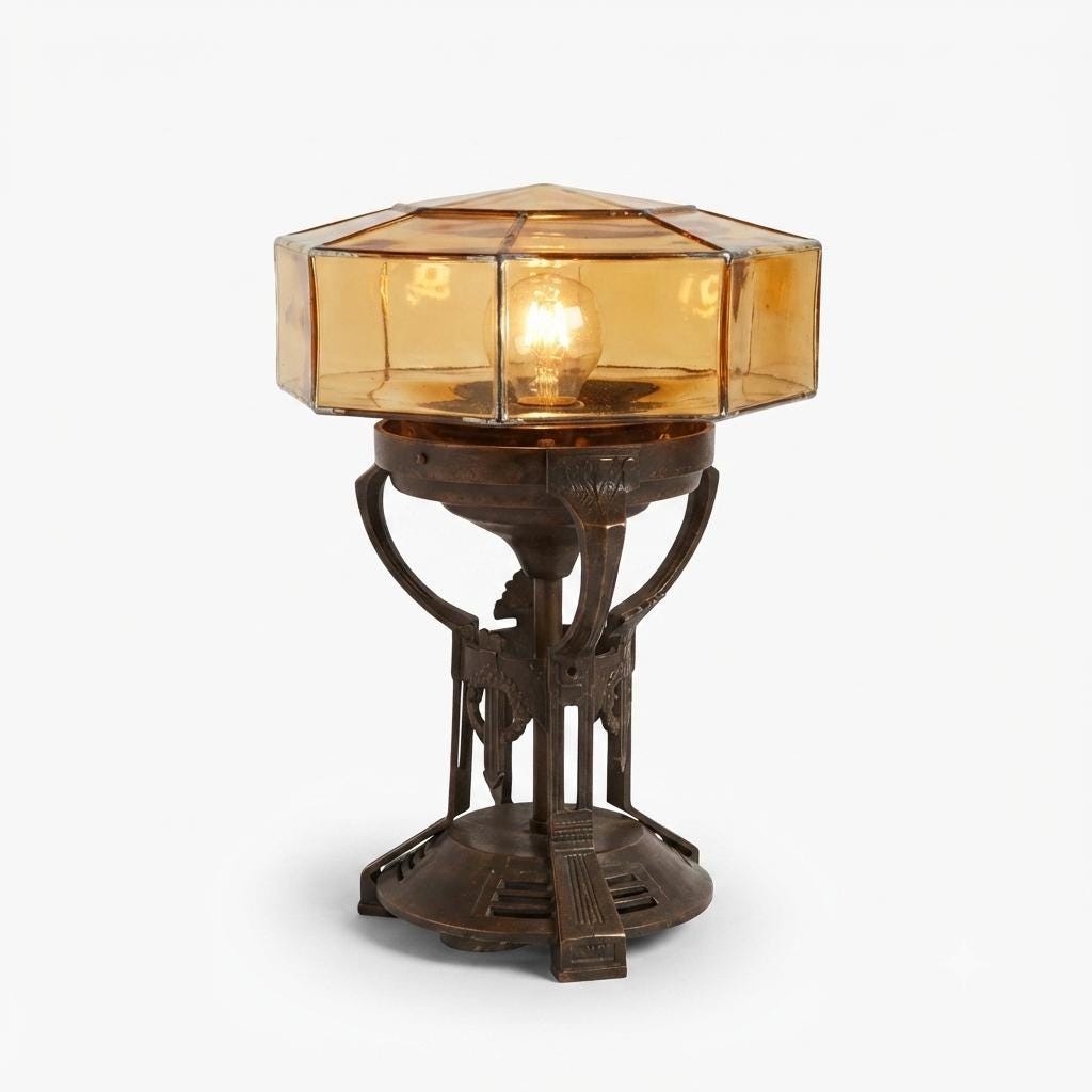 Antique Art Deco Bronze Table Lamp, Octagonal Glass Shade, Sunburst Light Effect, 1920s Style