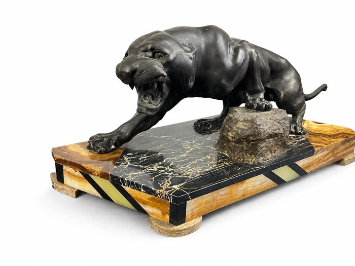 Art Deco Panther Sculpture, Patinated Spelter Big Cat on Marble Onyx Base — French, 1930s Style
