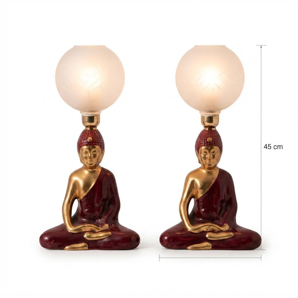 Vintage Buddha Table Lamps Pair, Burgundy Gold Ceramic with Frosted Glass Globes — 1970s–80s