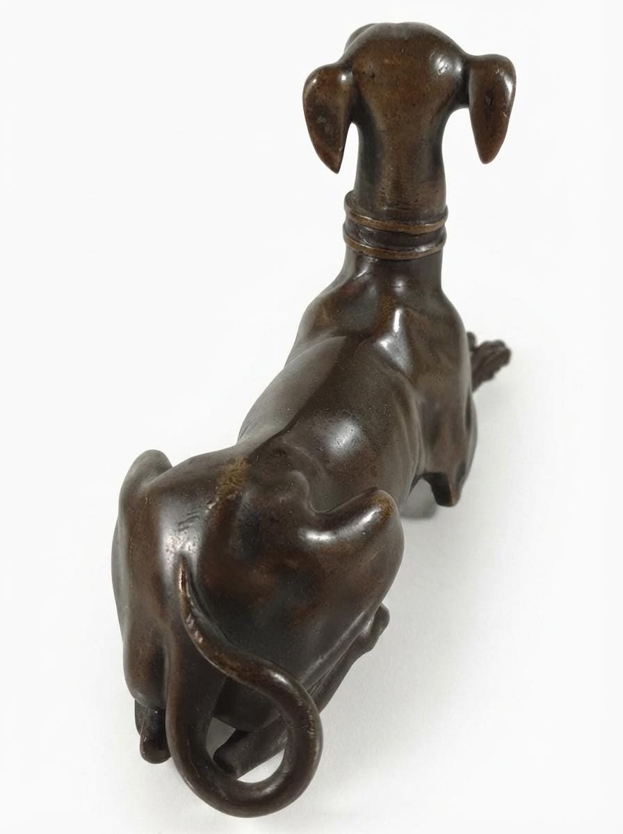 Bronze Greyhound Sculpture, Recumbent Whippet Dog Figurine with Collar, Dark Patina — European