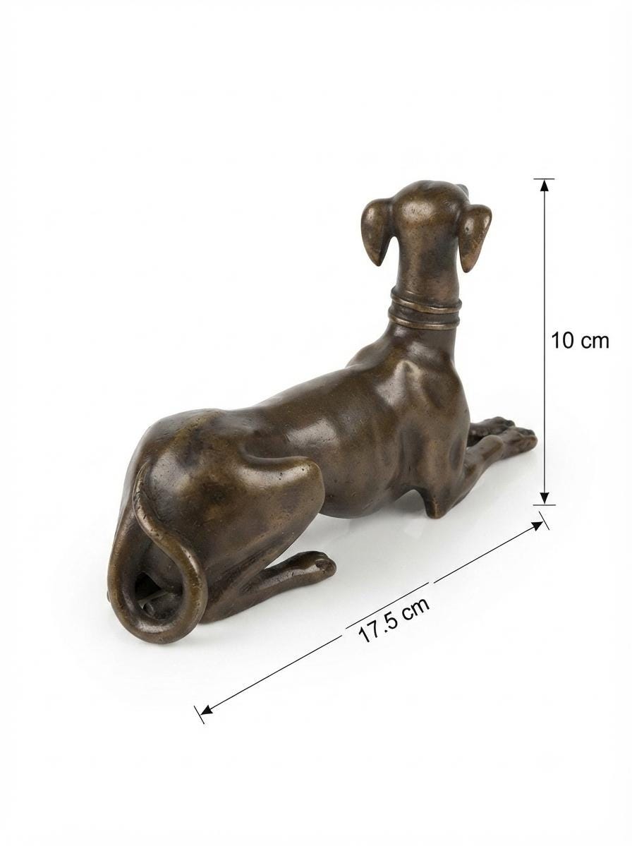 Bronze Greyhound Sculpture, Recumbent Whippet Dog Figurine with Collar, Dark Patina — European