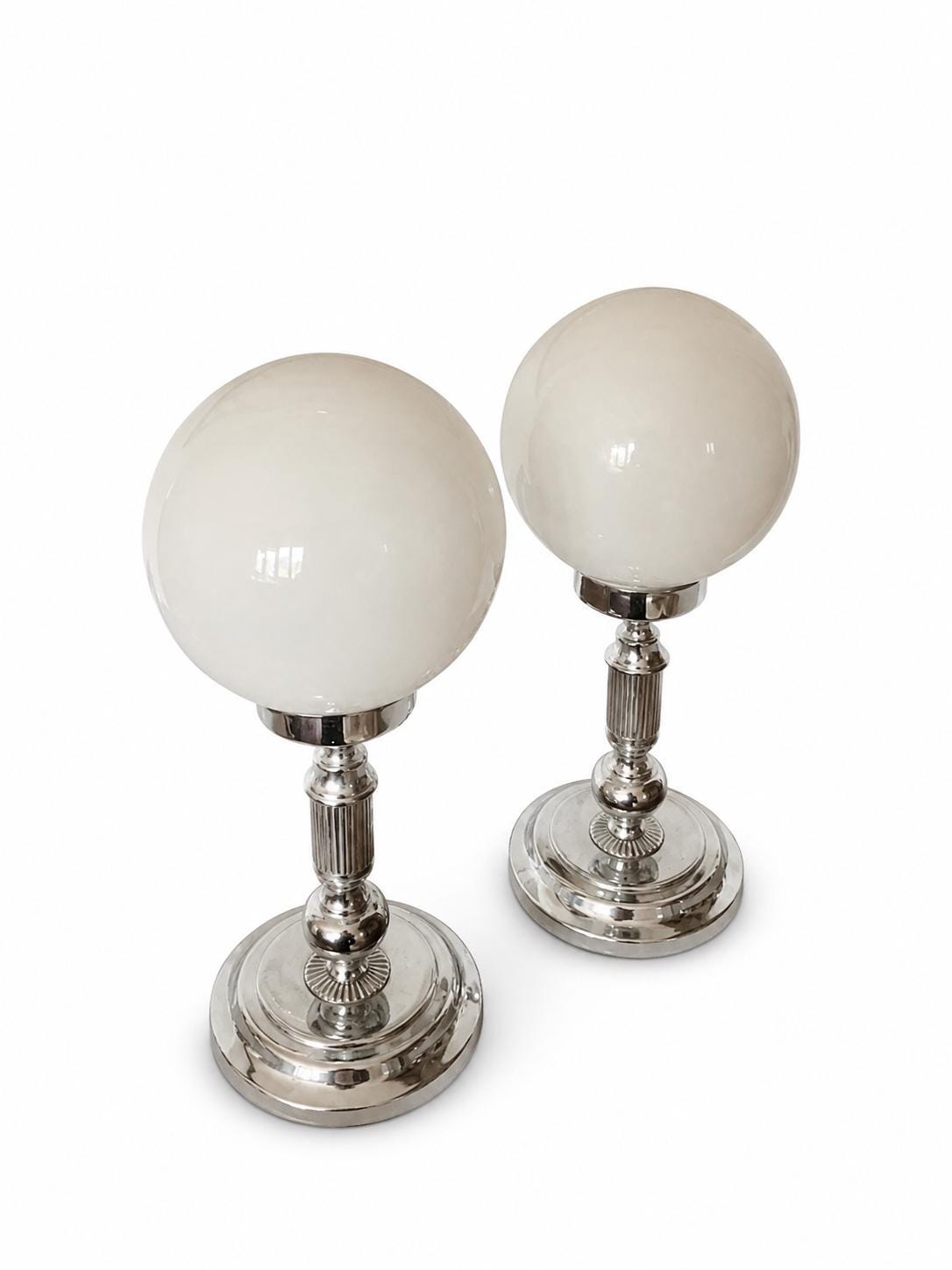 Pair of Vintage Chrome Table Lamps, Round Opaline Glass Globe Shades