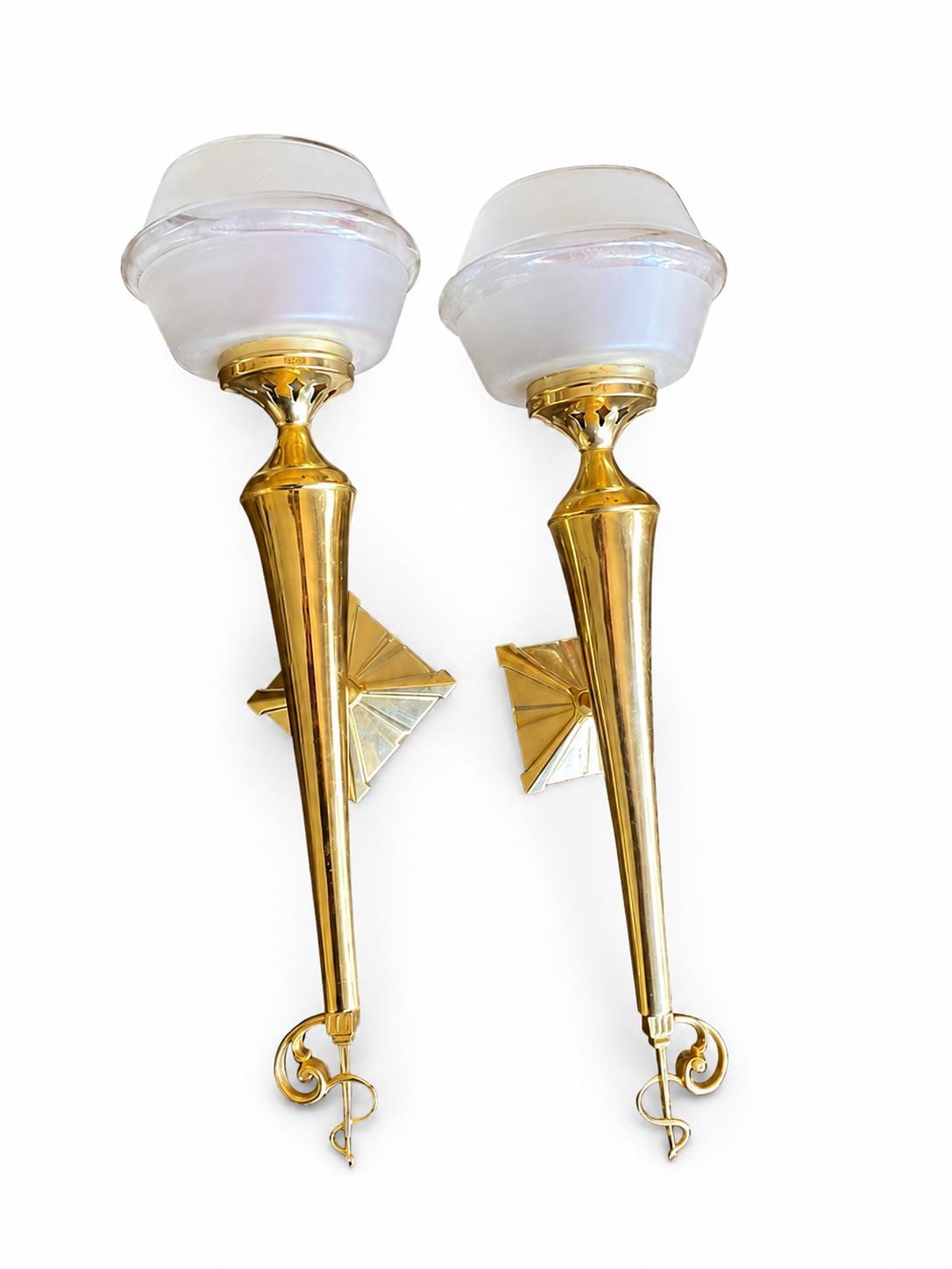 Pair of Vintage Brass Torch-Style Wall Sconces, Frosted Glass Globe Shades