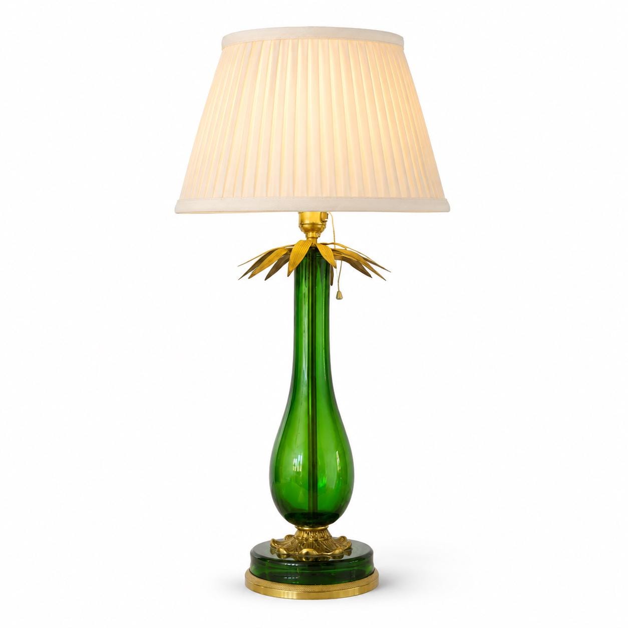 Vintage Emerald Green Blown Glass Table Lamp, Brass Leaf Accents, Marked C.B. 1299