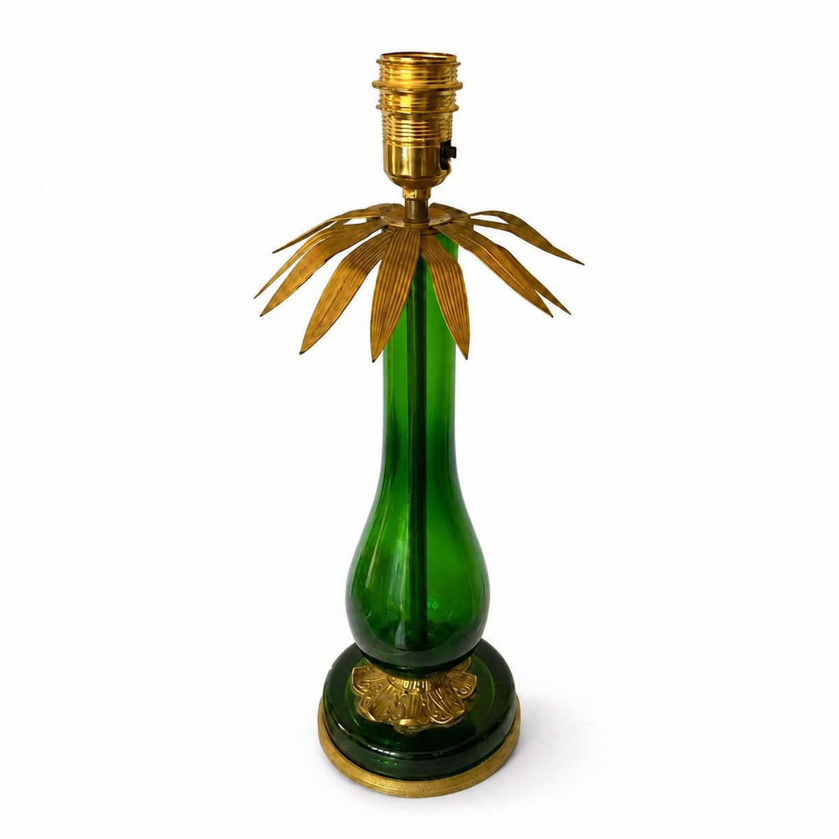 Vintage Emerald Green Blown Glass Table Lamp, Brass Leaf Accents, Marked C.B. 1299