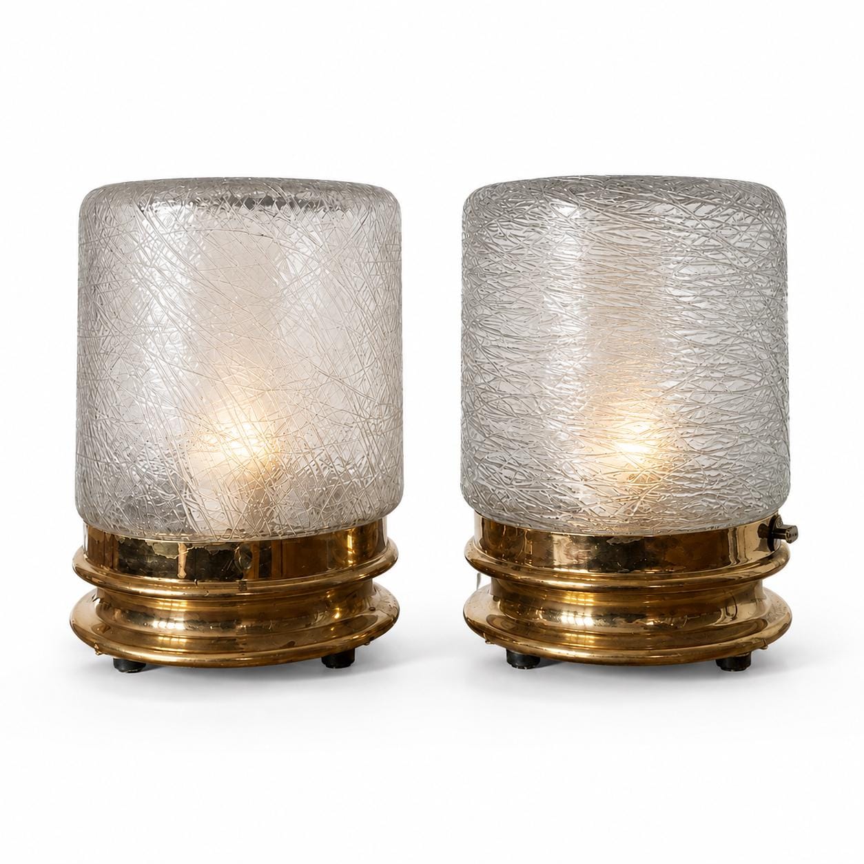 Vintage Glass Table Lamps Pair, Textured Spun Glass Shades on Brass Bases — European, 1960s–70s