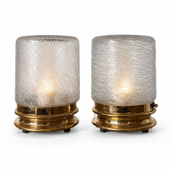 Vintage Glass Table Lamps Pair, Textured Spun Glass Shades on Brass Bases — European, 1960s–70s