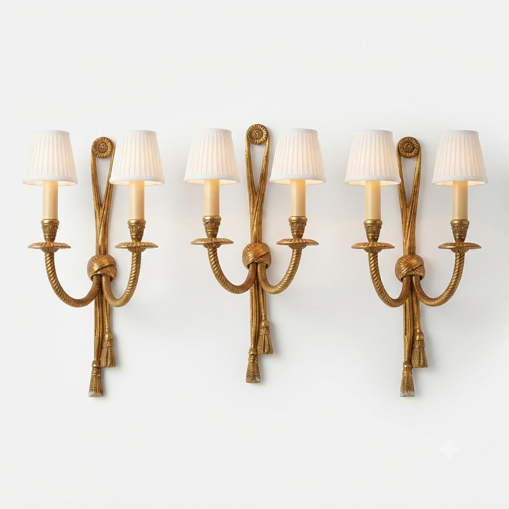 Vintage Brass Wall Sconces, Rope and Tassel Motif, Set of Three, Double Arm