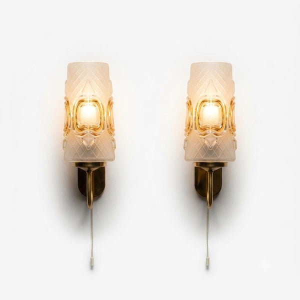 Vintage Wall Sconces Pair, Frosted Pressed Glass and Brass, Amber Detail — German, 1960s, Groewe Attributed