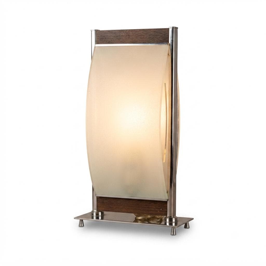 Vintage Chrome and Frosted Glass Table Lamp, Curved Oval Glass Panel Lamp with Walnut Accents, Mid-Century Modern Design