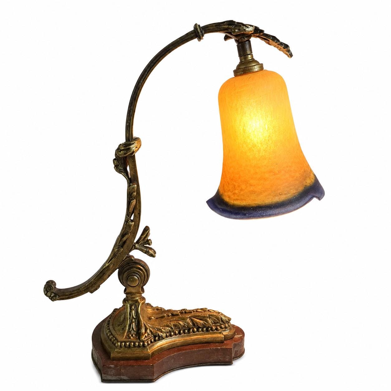 Antique Style Desk Lamp, gilt bronze and Red Marble, Signed Mottled Glass Tulip Shade — French, Reims