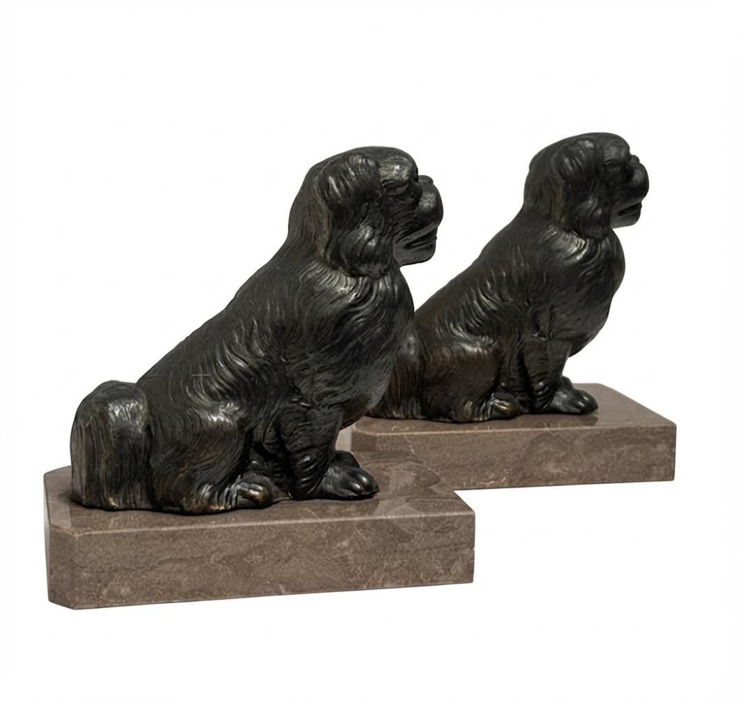 Pair of Spelter Dog Bookends, Pekingese or Tibetan Spaniel Figures on Marble Bases, Vintage Régule Bookends