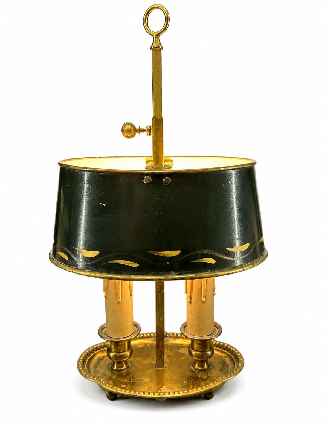 Antique Brass Bouillotte Lamp, Oval Base Two-Light Lamp with Black Tole Shade and Ring Finial
