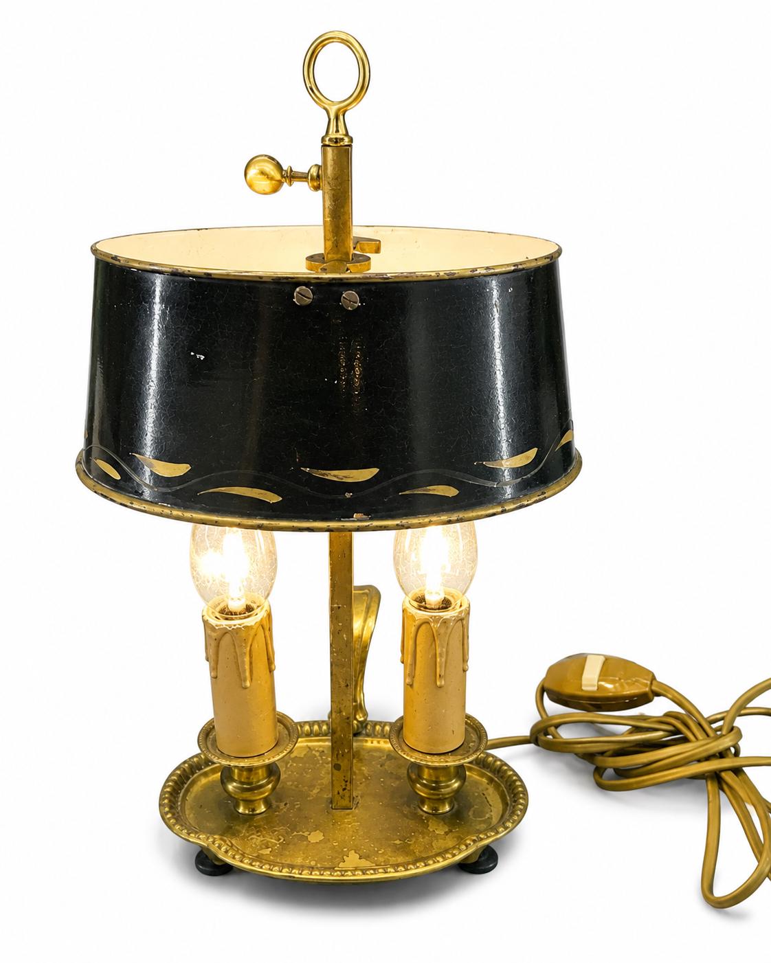 Antique Brass Bouillotte Lamp, Oval Base Two-Light Lamp with Black Tole Shade and Ring Finial