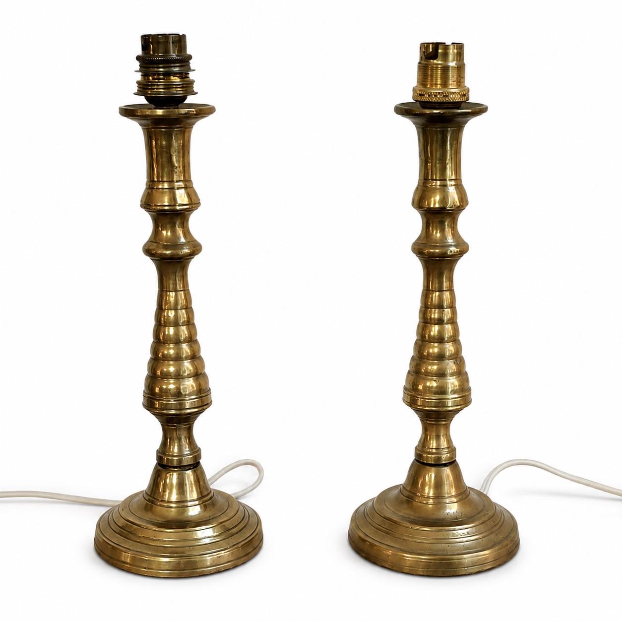 Pair of Antique Brass Candlestick Lamps, Turned Baluster Table Lamps, Converted Candlesticks