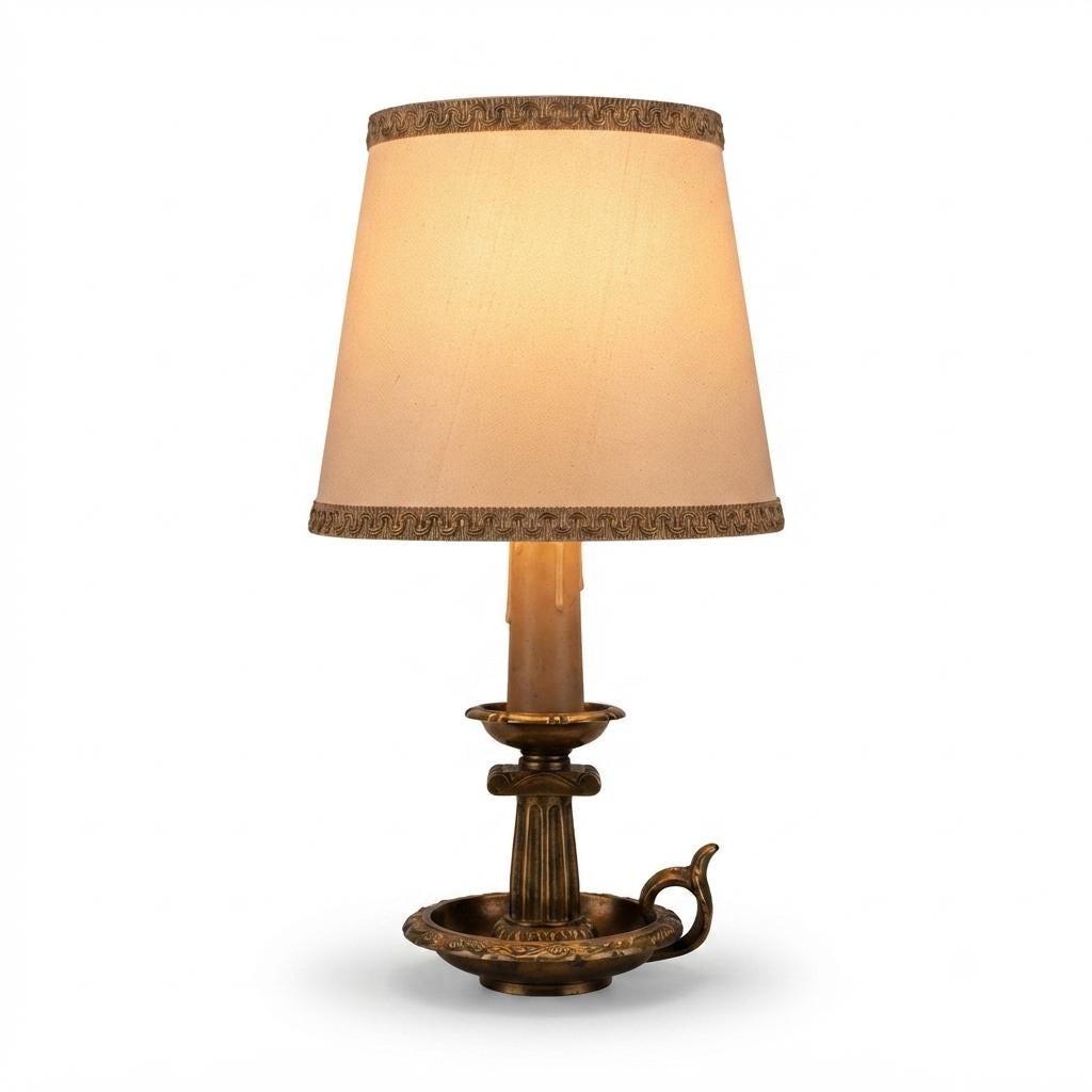 French Chamberstick Lamp, Gilt Metal Column Candlestick Table Lamp with Shade — 1950s–60s