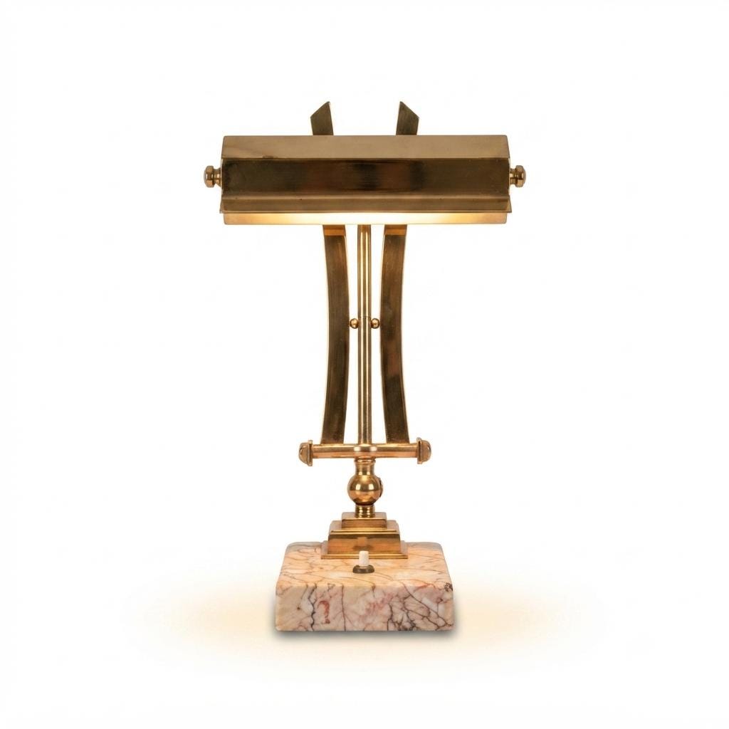 Art Deco Desk Lamp, Chrome Geometric Bankers Lamp on Marble Base, Adjustable Shade — French Style