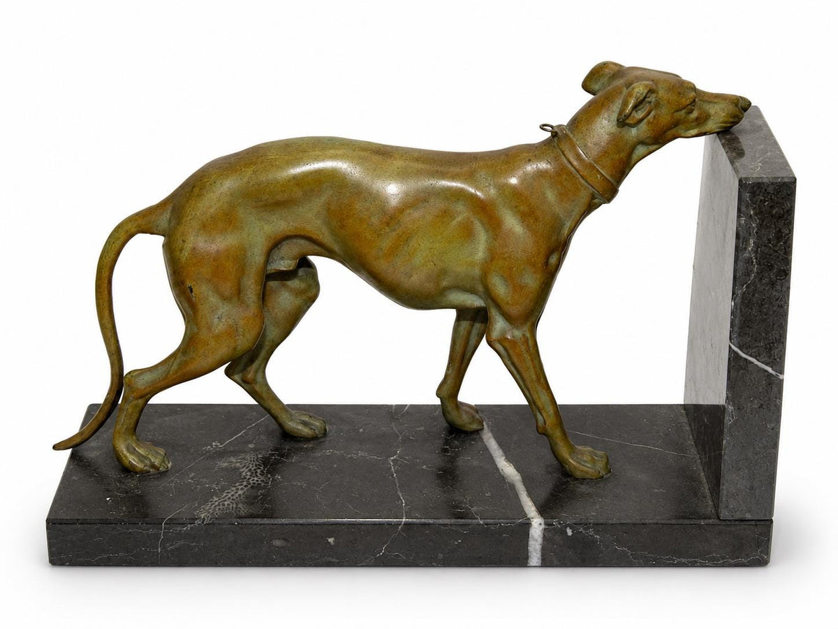 Pair of Art Deco Greyhound Bookends, Régule Dog Figures with Bronze Patina on Black Marble Bases