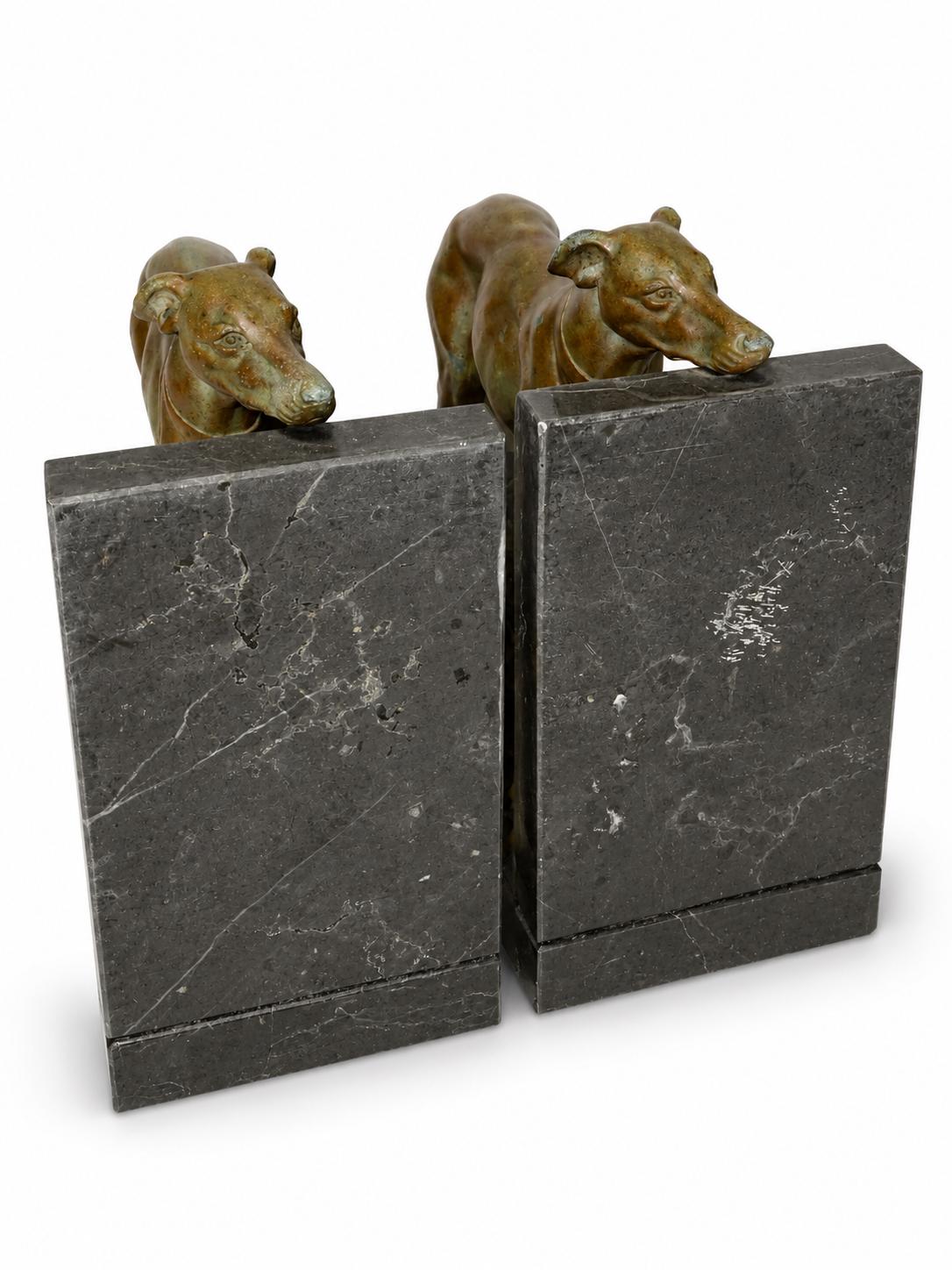 Pair of Art Deco Greyhound Bookends, Régule Dog Figures with Bronze Patina on Black Marble Bases