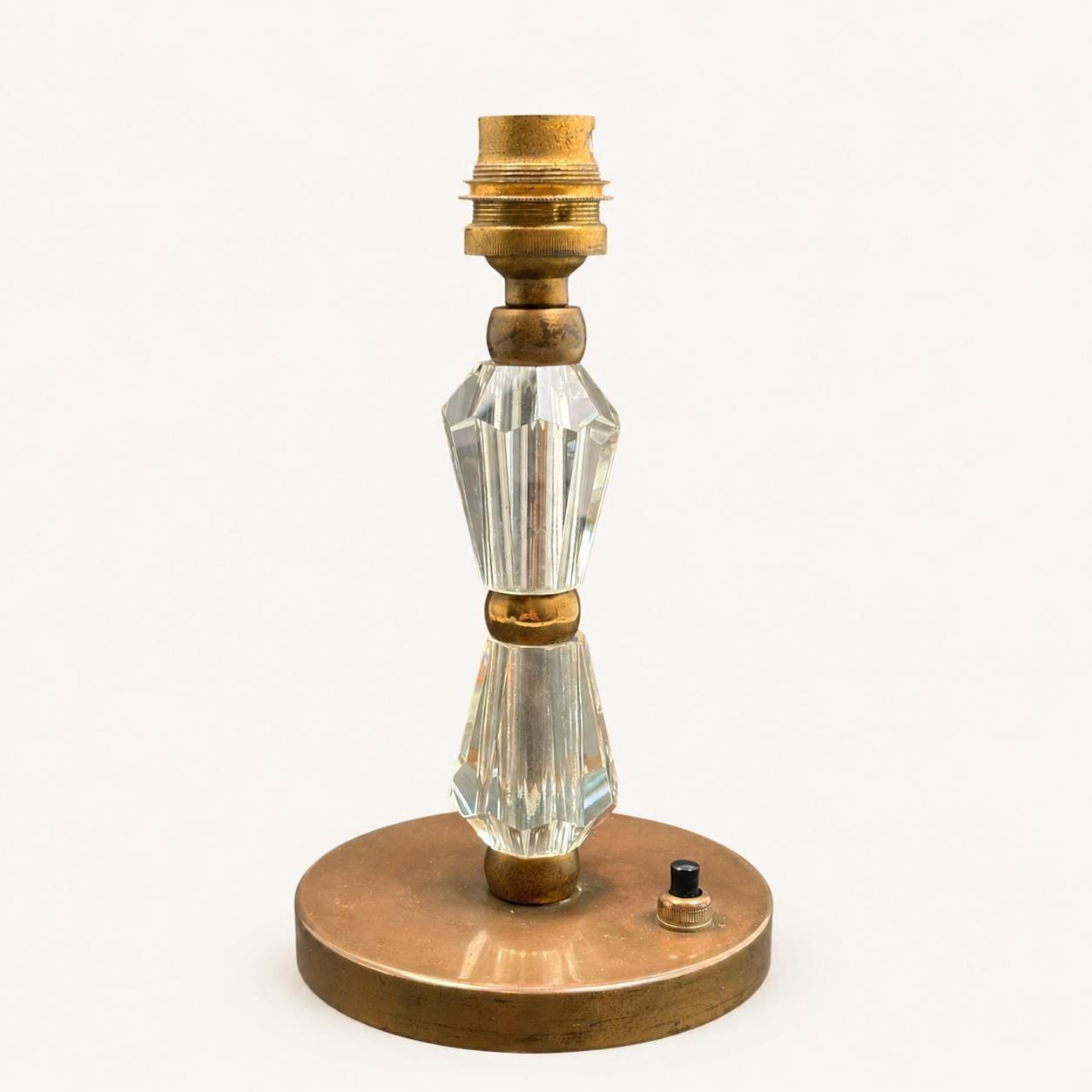Crystal Table Lamp Base, Faceted Glass and Brass Modernist Bedside Lamp — French, 1950s Design