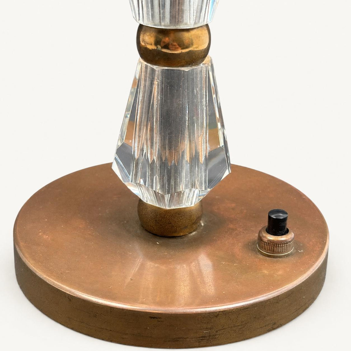 Crystal Table Lamp Base, Faceted Glass and Brass Modernist Bedside Lamp — French, 1950s Design